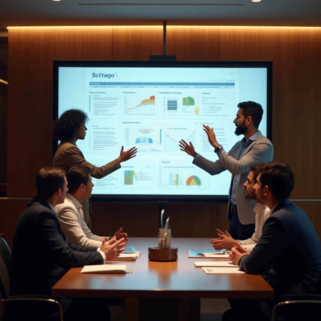 Team reviewing a technical SEO learning scenario on a large screen during a training session